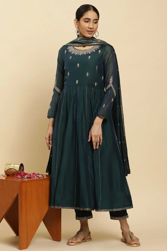 Graceful Green Flared Embroidered Kurta with Dupatta and Pants Ethnic Party and Festival Wear Set