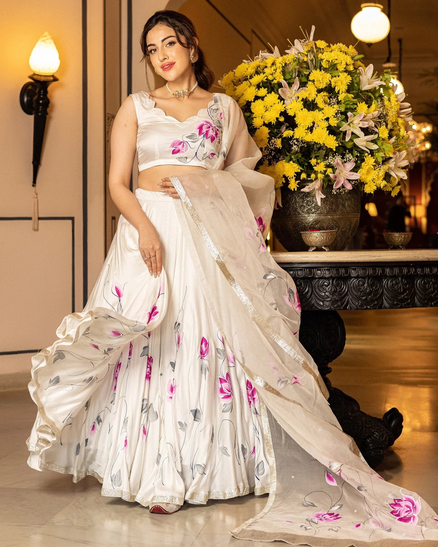 Womens Sefid Handpainted Lehenga Set Beautiful Handcrafted Traditional Attire