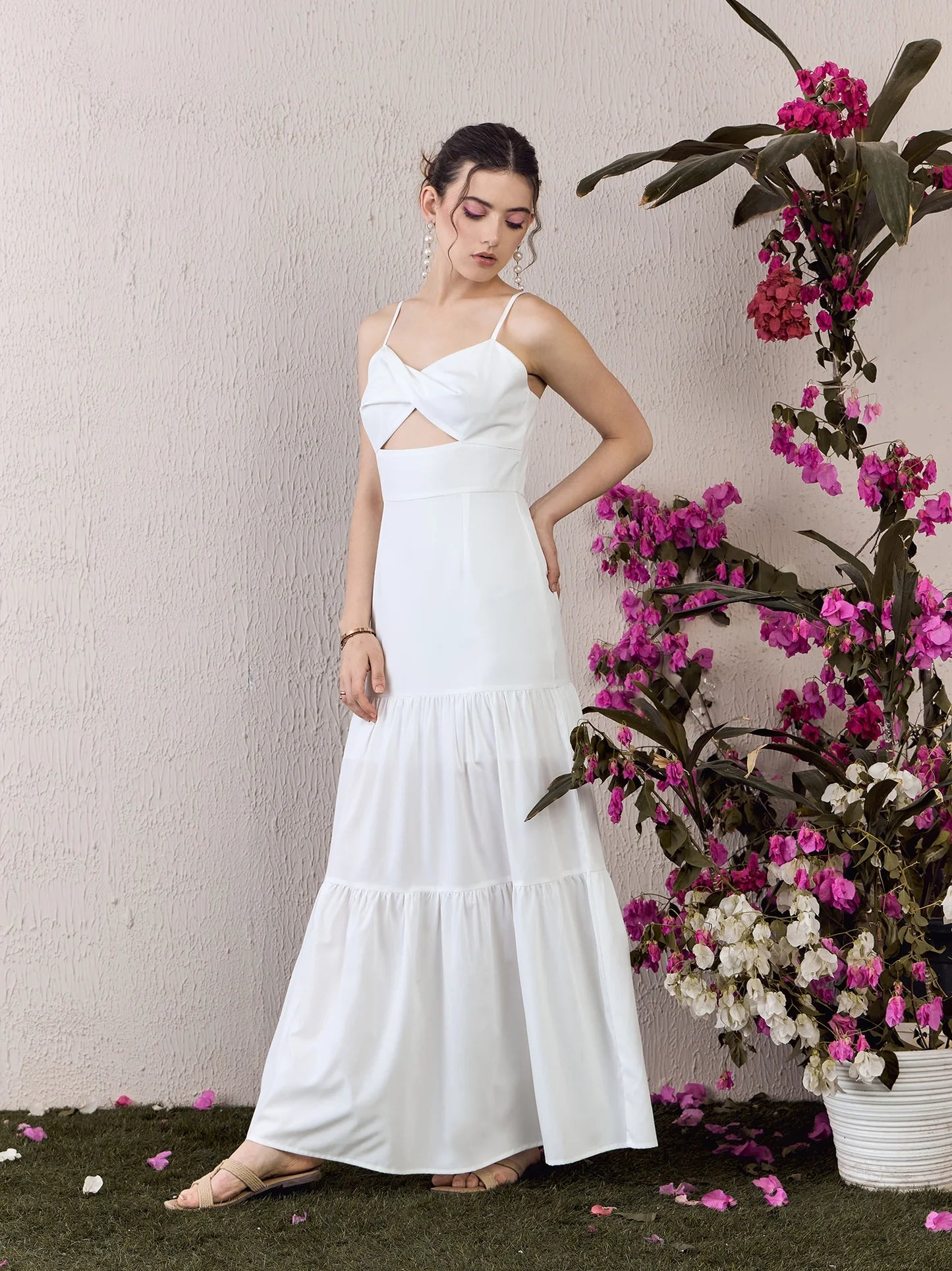 White Sweetheart Neck Sleeveless Front Twist Cutout Straight Hem Ruffled Maxi Dress