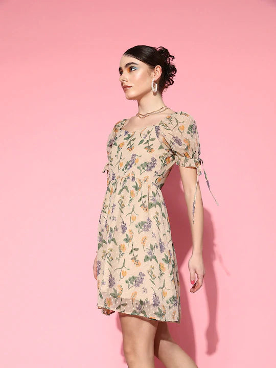 Beige & Multicoloured Floral Printed Sweetheart Neck Tie-Up Georgette Fit & Flare Mini Dress