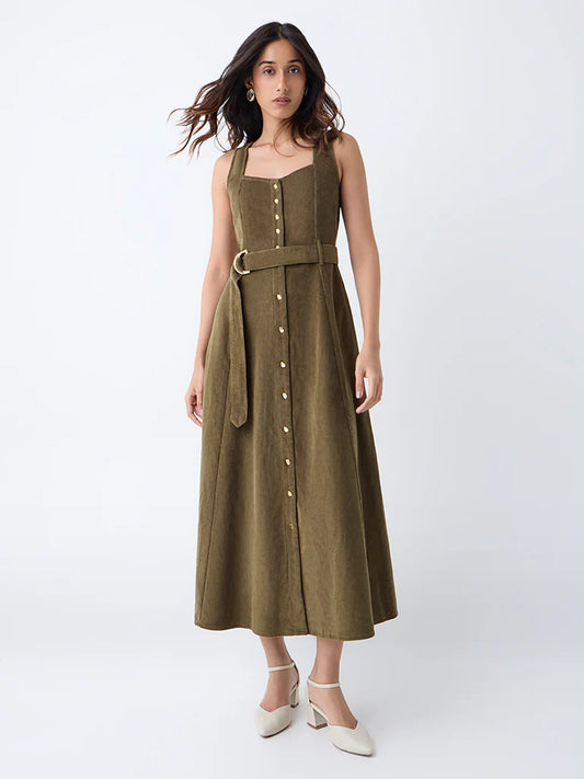 Sophisticated Women’s Olive Corduroy A-Line Dress with Waist Belt