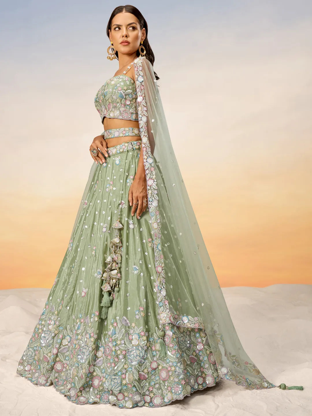 Designer Chiffon Lehenga in Green with Intricate Embroidery
