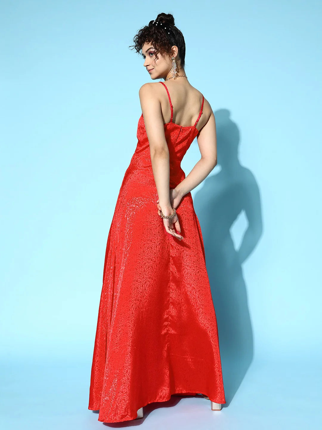 Red Floral Printed V-Neck Sleeveless Crepe Thigh-High Slit Flared Wrap Maxi Dress
