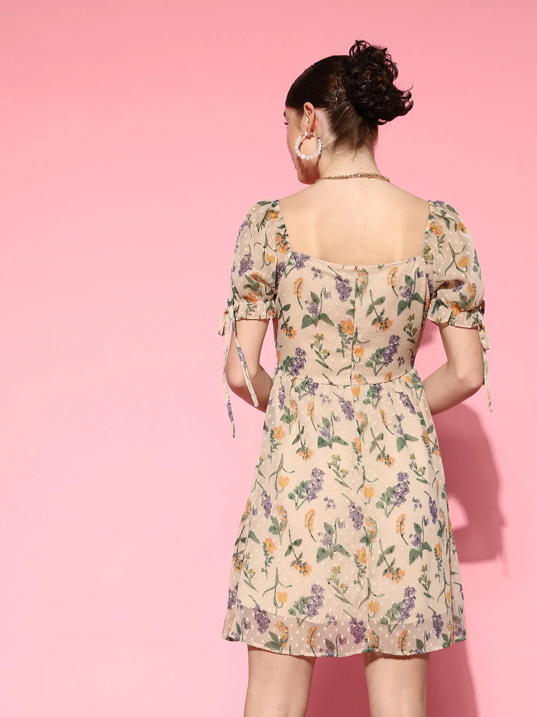 Beige & Multicoloured Floral Printed Sweetheart Neck Tie-Up Georgette Fit & Flare Mini Dress