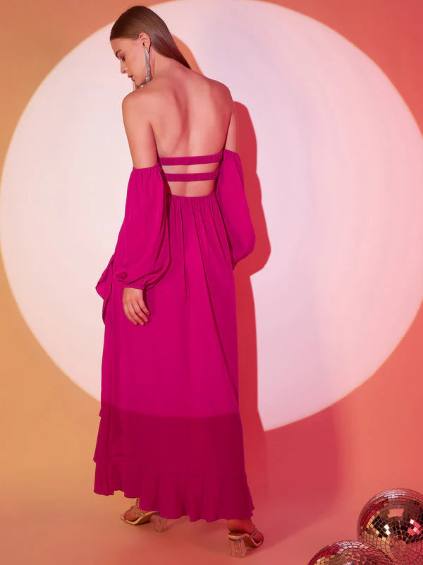 Women Solid Pink Off-Shoulder Neck Puff Sleeves Cut-Out Asymmetrical Hem A-Line Midi Dress