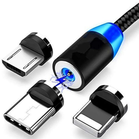Magnetic Fast Charging Cable 3 in 1 with 360 Degree Swivel Head Status Light and Type C Micro USB Lightning Connectors