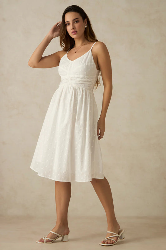 Relaxed Fit White Cotton Midi Dress with Ruched V-Neck for Casual Style