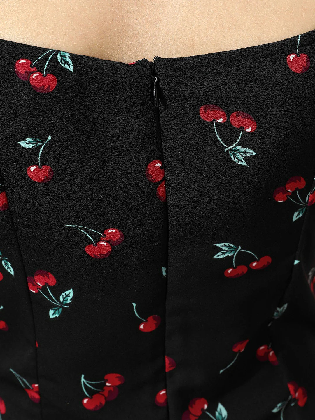Black & Red Cherry Printed Sweetheart Neck Crepe Ruffled A-Line Midi Dress