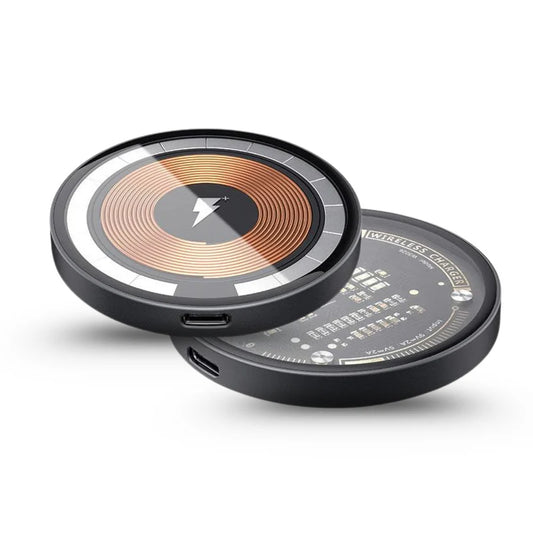 Fast Wireless Charging Pad Super Slim Qi Charger with Powerful Magnets Tempered Glass and Sleek Futuristic Look