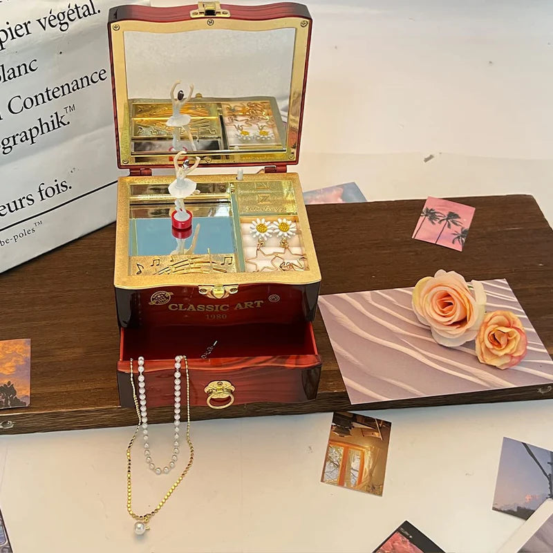 Spinning Ballerina Jewelry Box with Wind-Up Music and Compact Mirror