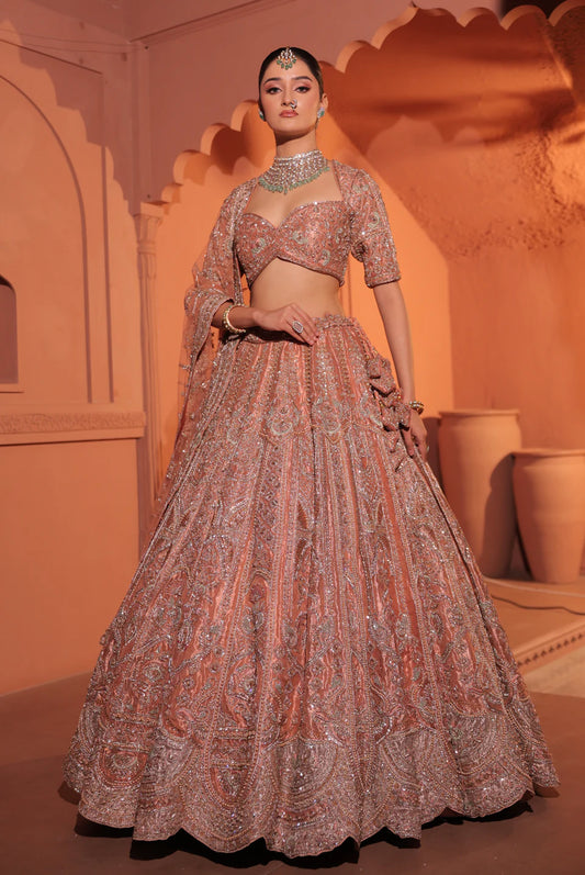 Womens Salmon Peach Tissue Lehenga Beautiful Traditional Attire for Special Occasions