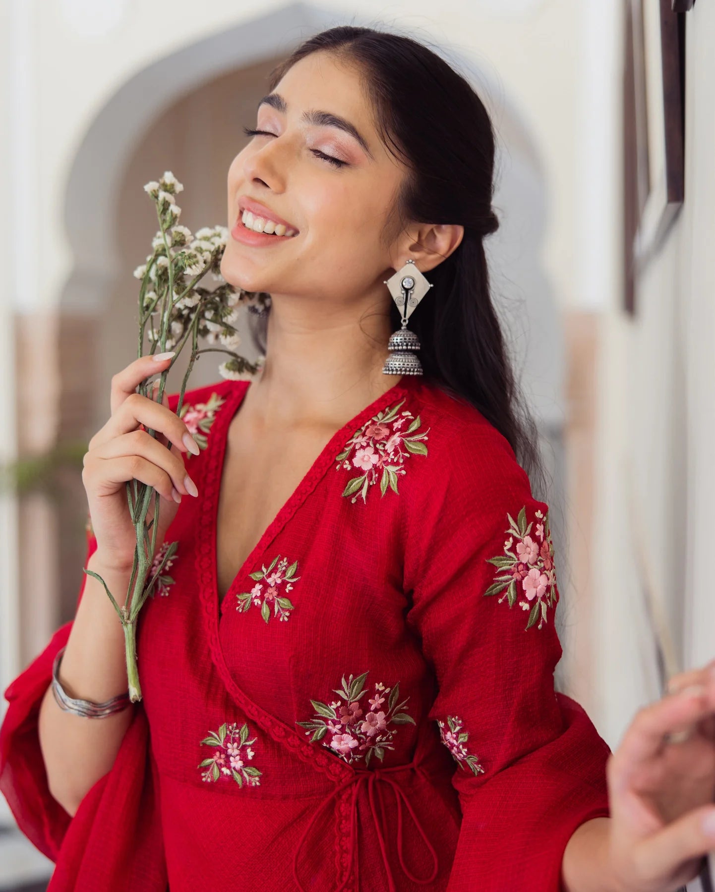 Designer Ruby Red Embroidered Doria Anarkali Suit Set with Exquisite Detailing