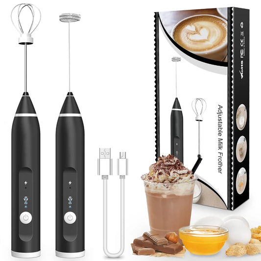 Handheld Milk Frother and Beater Rechargeable Three Speeds Two Attachments Perfect for Coffee Latte Hot Chocolate and Egg Beating