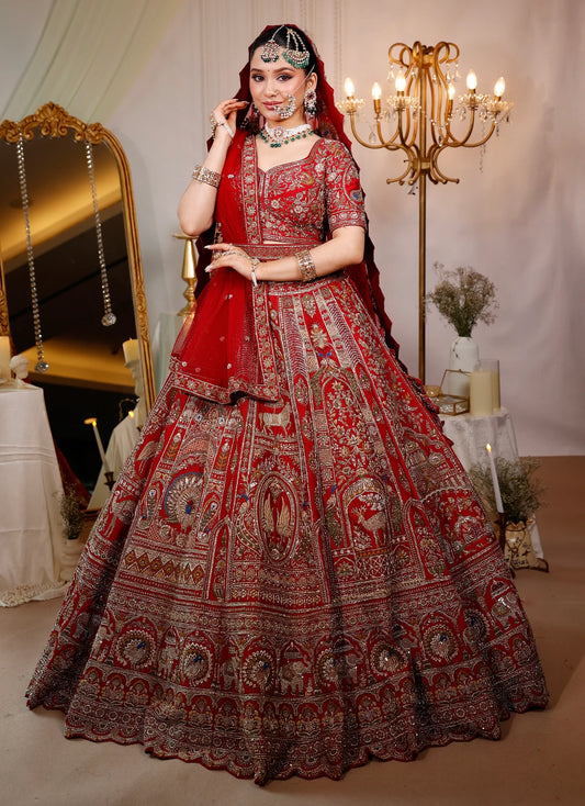 Scarlet Red Raw Silk Lehenga Elegant Traditional Attire for Women