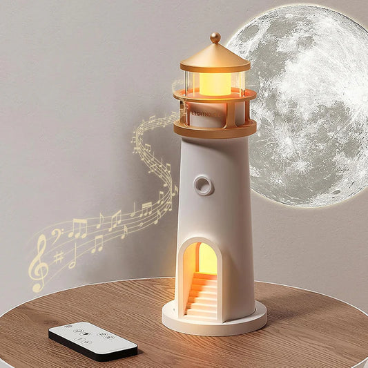 Lighthouse Moonlight Projection Lamp with Dimmable LED Night Light Bluetooth Speaker and Remote Ideal for Bedroom Kids Room and Unique Gift