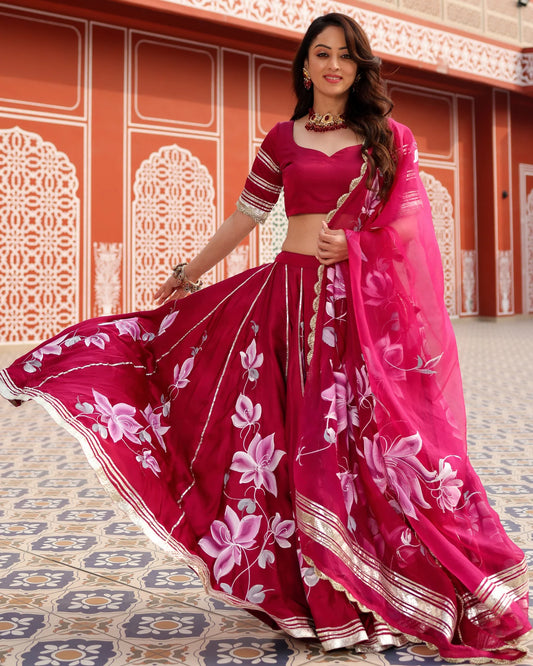 Womens Magenta Pink Handpainted Lehenga Set Stylish Festive and Wedding Outfit