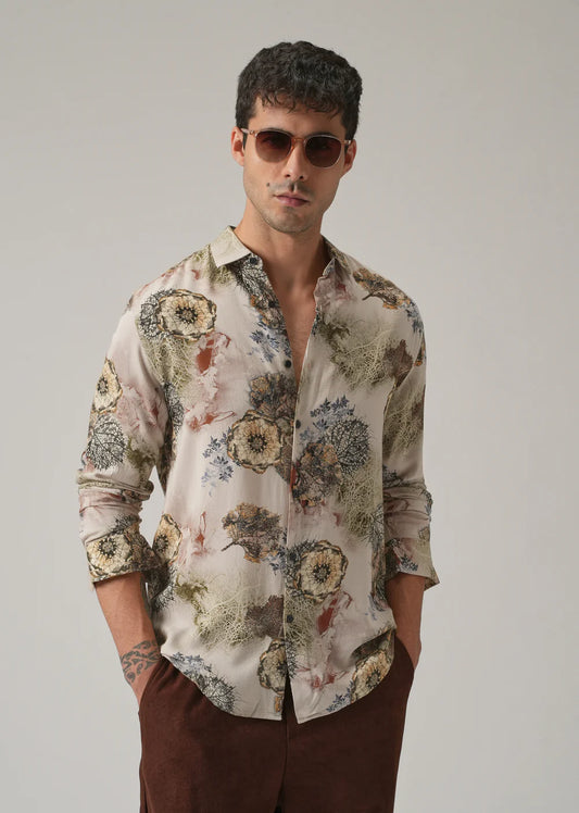 Men’s Beige Shirt with All-Over Flora and Feather Print Design