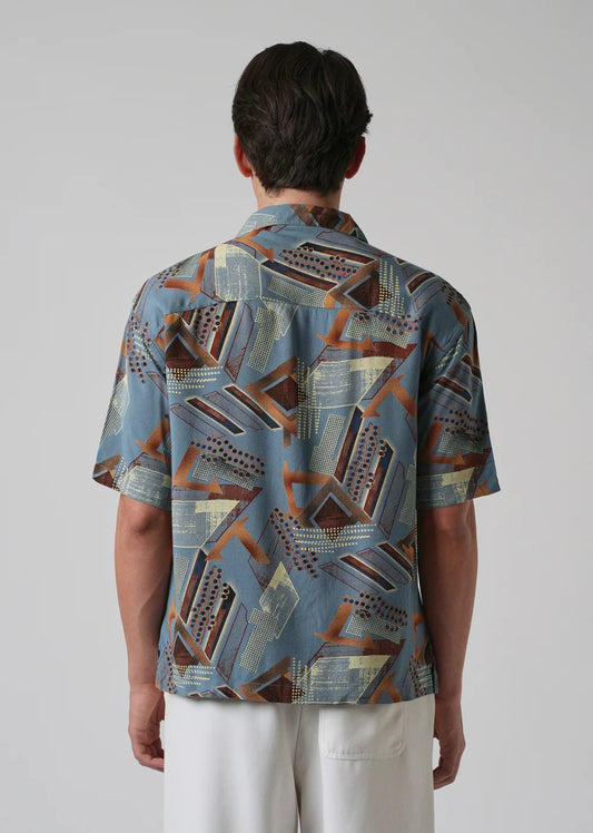 Lightweight Oversized Shirt in Blue with Painterly Abstract Feather Motifs