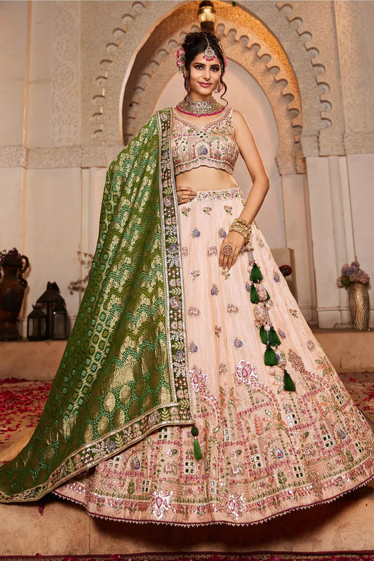 Glamorous Peach Tissue Lehenga with Intricate Sequins & Mirror Embroidery