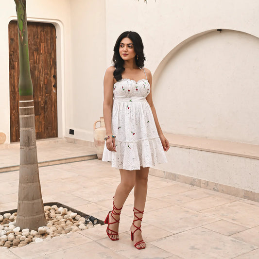 Party-Ready Cherry Delight Schiffli Dress for Women with Sleek Design