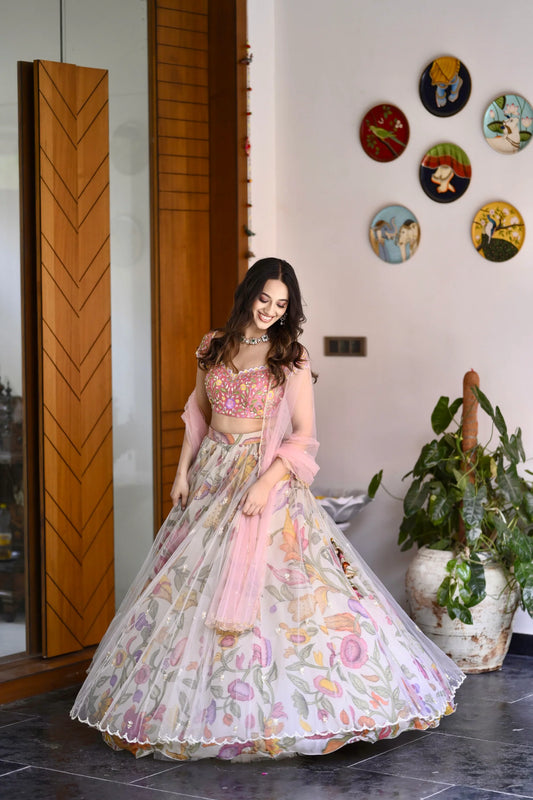 Womens Pink and Cream Pen Kalamkari Lehenga in Organza Silk
