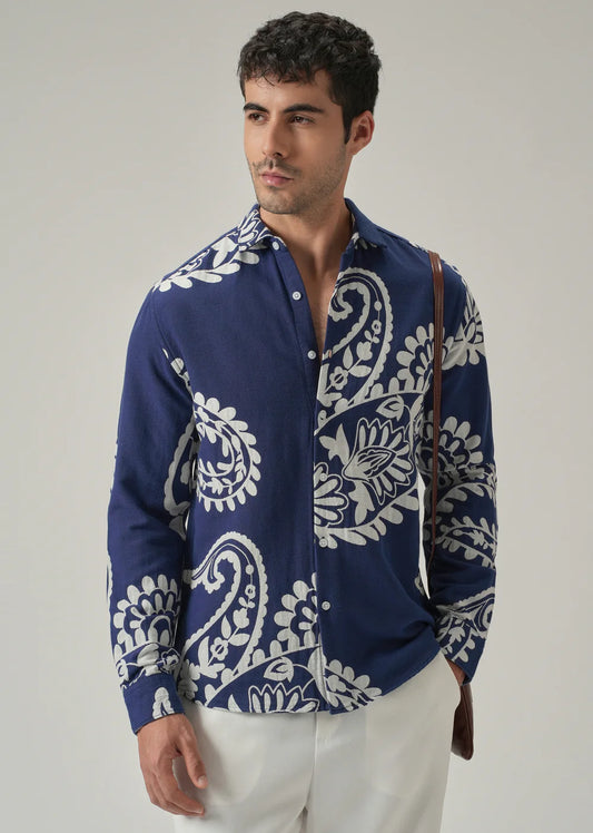Relaxed Fit Indigo Shirt with Elegant Paisley Print