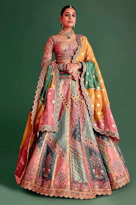 Multi Colored Tissue Designer Lehenga with Handcrafted Patch Work