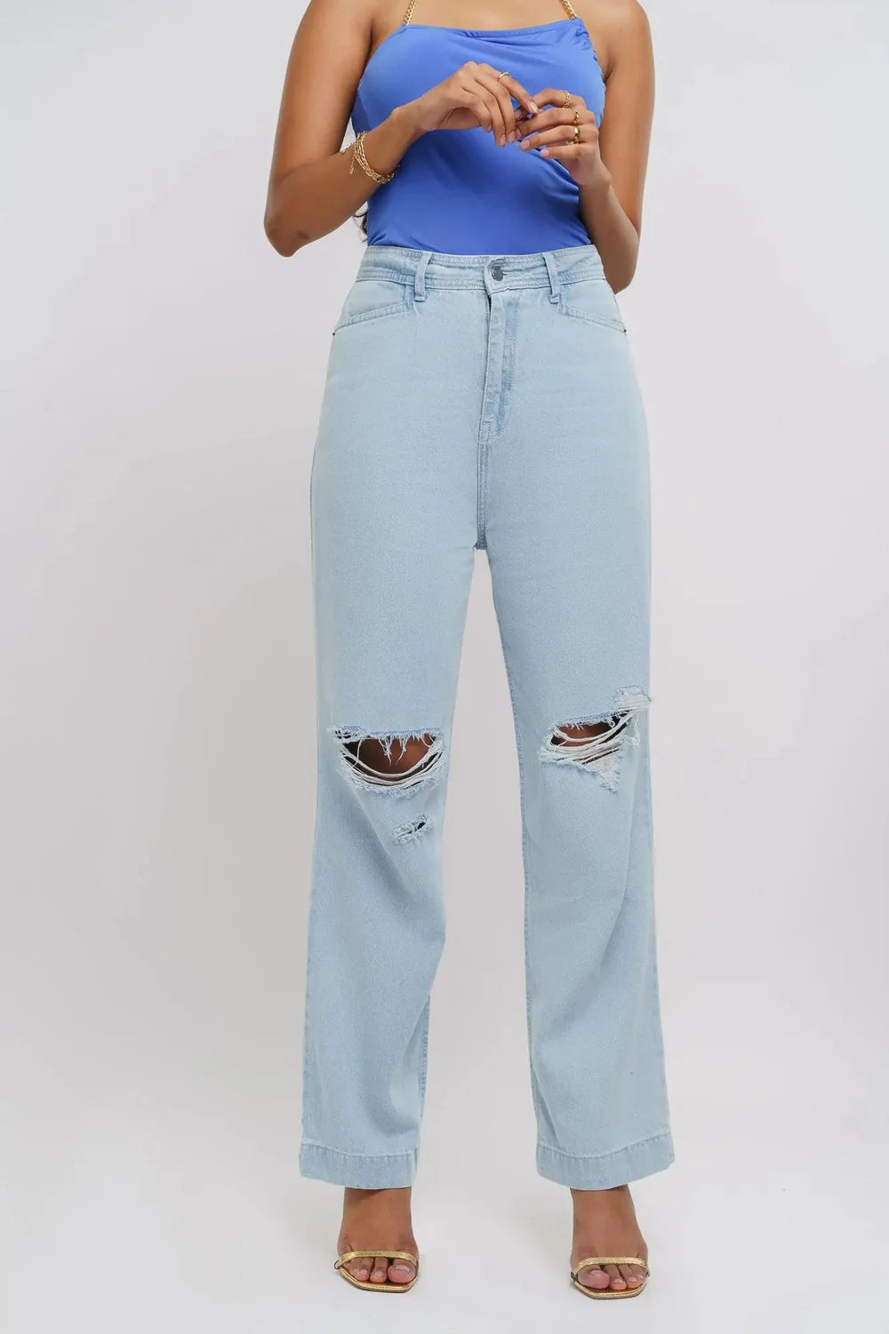 Distressed Ice Blue Straight Denim Jeans for Women with Comfortable Everyday Fit