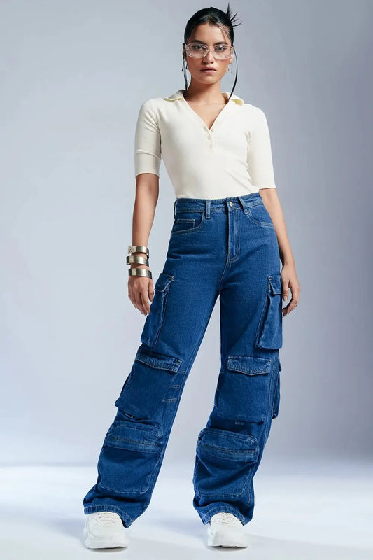 Relaxed Fit Women’s Indigo Baggy Straight Cargo Denim Jeans