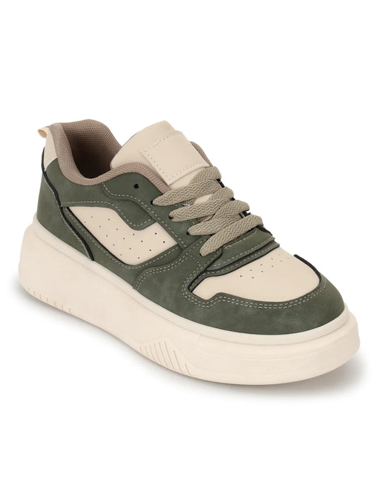 Green and Beige Suede Stylish Lace Up Sneakers for Women Comfortable Fashionable Footwear