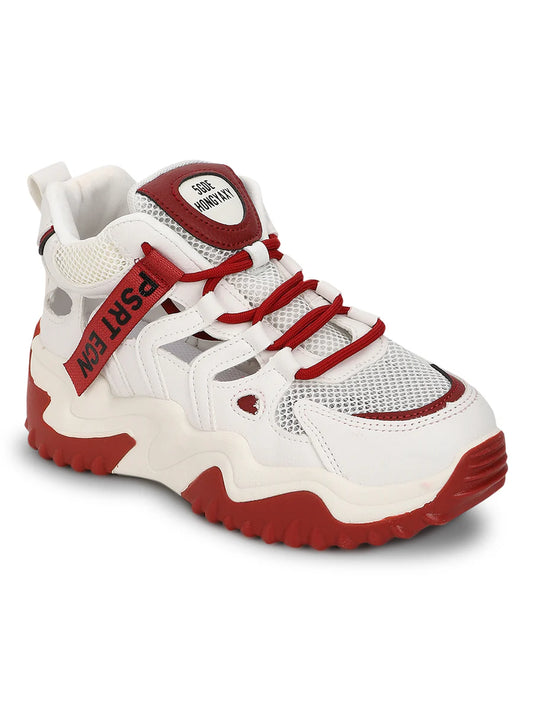 Comfortable White Red PU Lace Up Chunky Sneakers Perfect for Casual Outings and Work