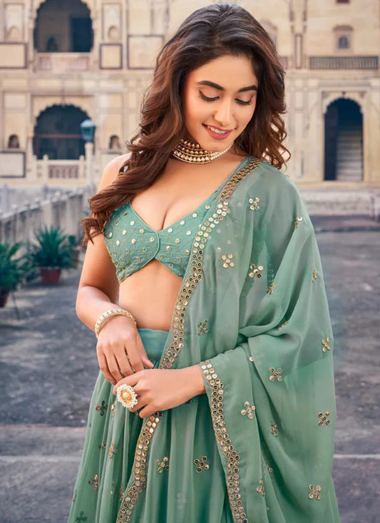 Wedding and Festive Wear Green Georgette Lehenga Choli with Designer Sequence Detailing