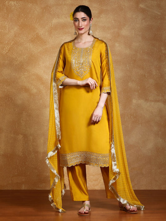 Luxury Embroidered Yoke Kurta with Trouser and Dupatta for Special Occasions