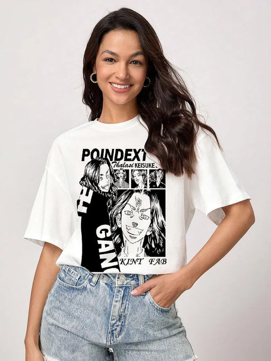 Fashionable Women’s Loose-Fit White T-Shirt with Anime Illustration
