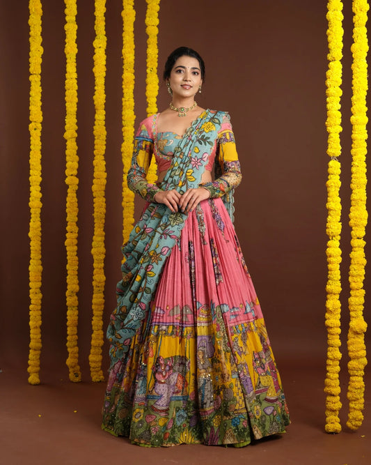 Peachish Pink Pen Kalamkari Lehenga Elegant Handcrafted Ethnic Wear for Women