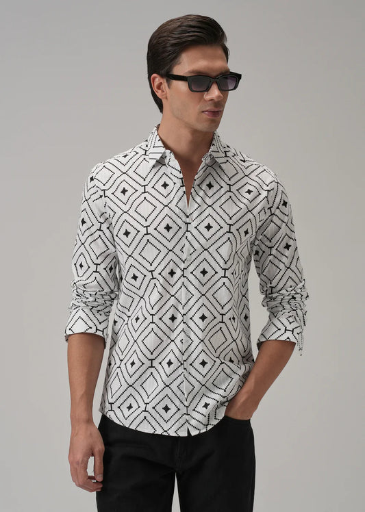Lightweight White Shirt with Subtle Geometric Diamond Pattern