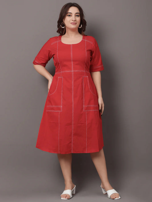 Soft and Lightweight Red Dress with Seamline Design for Women