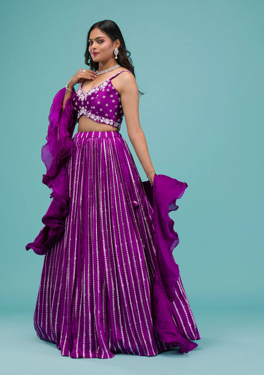 Glamorous Purple Satin Readymade Lehenga with Sequins Detailing