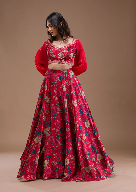Trendy Red Satin Readymade Lehenga with Designer Print
