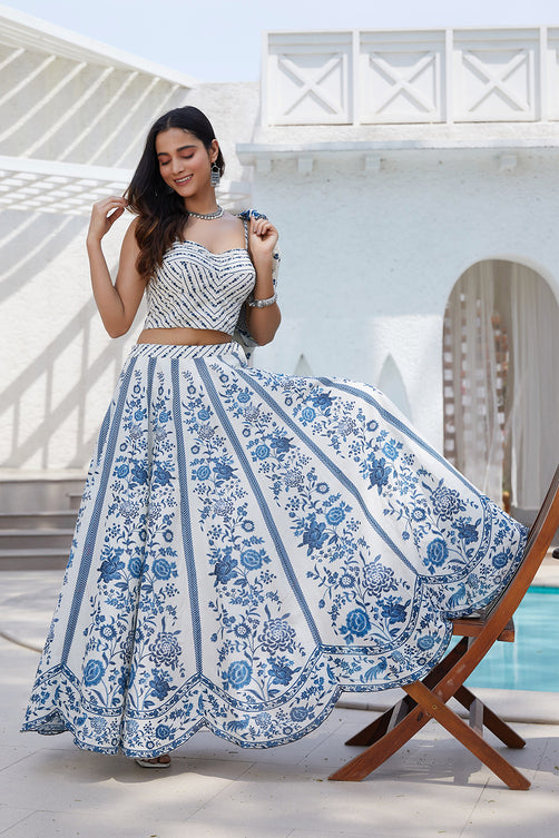 Elegant White Blue Cotton Straight Cut Lehenga with Embroidered Blouse