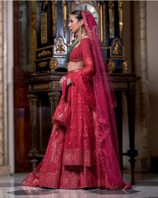 Festive Rochelle Pompeian Red Lehenga Set with Luxury Golden Chrome Applique Details
