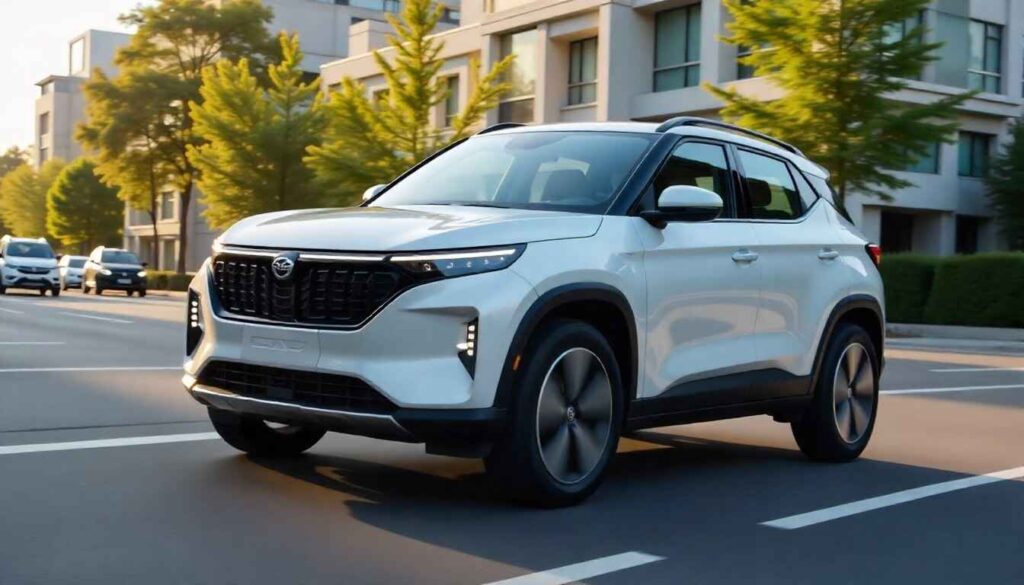 Mahindra XEV 9e electric SUV with futuristic design, LED lights, alloy wheels, and 550KM range displayed on a city road.