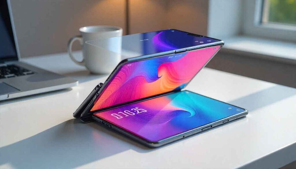 Samsung Galaxy Z Fold 7 smartphone half folded showing both inner and outer screens on a modern desk.