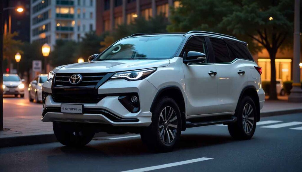Front view of the 2025 Toyota Fortuner Leader Edition with a black dual-tone roof and stylish headlights.